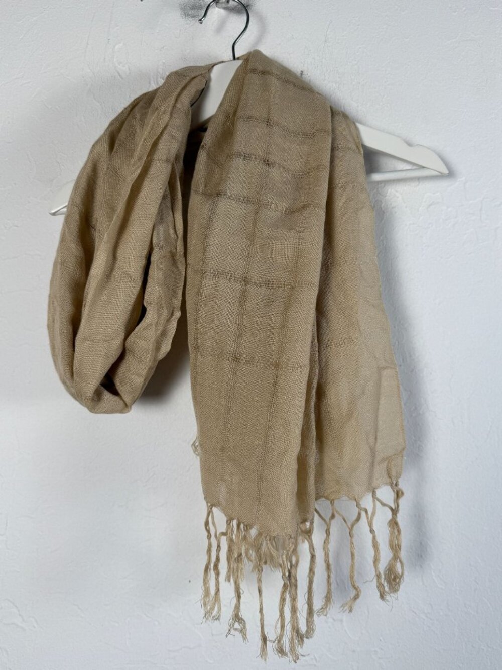 Japan Made Sheer Scarf Beige Windowpane Fringe Lightweight Acrylic Wrap 70x27